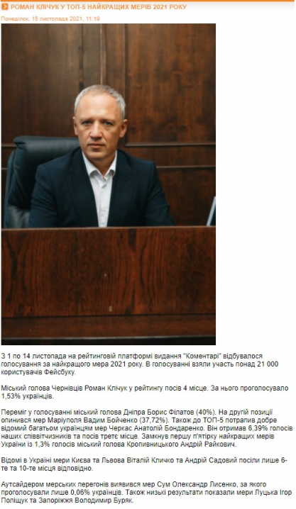 Альтернативний фейк: Клічук увійшов у 5-ку кращих мерів України