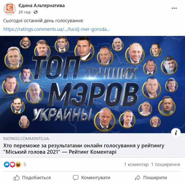 Альтернативний фейк: Клічук увійшов у 5-ку кращих мерів України