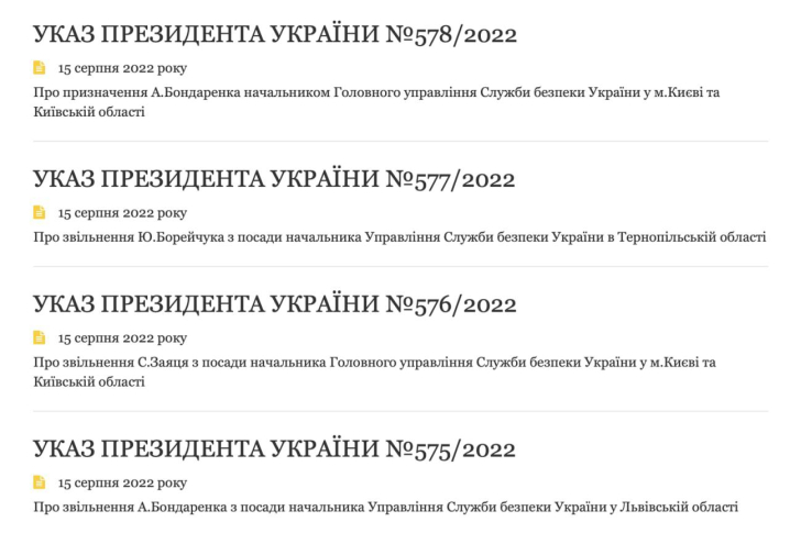 Президент Зеленський звільнив начальників СБУ у Львівській, Тернопільській та Київській областях.
