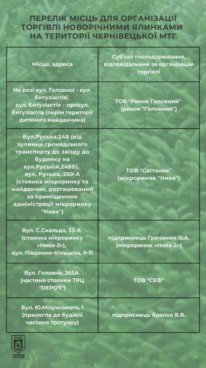 У Чернівцях визначили місця для торгівлі новорічними ялинками