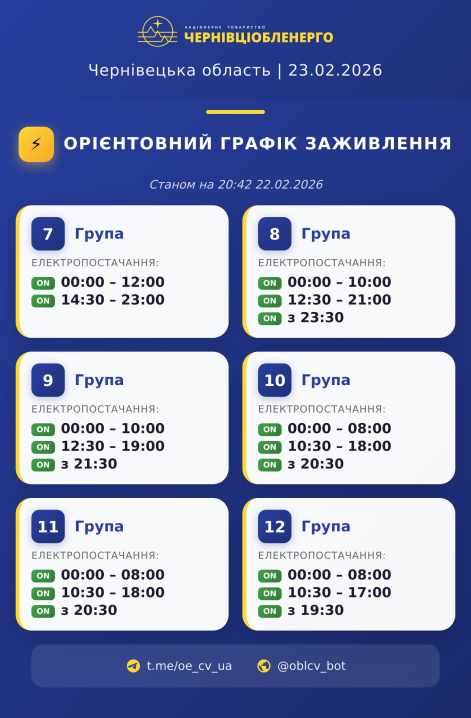 Буде багато світла: графік вимкнень на Буковині 23 лютого
