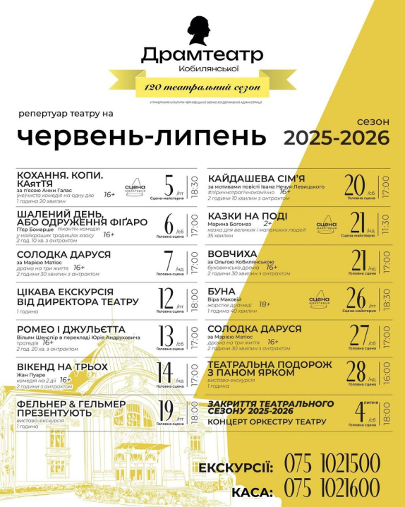 Прем'єри, драми та екскурсії: Чернівецький драмтеатр представив репертуар на червень та липень Прем'єри, драми та екскурсії: Чернівецький драмтеатр представив репертуар на червень та липень